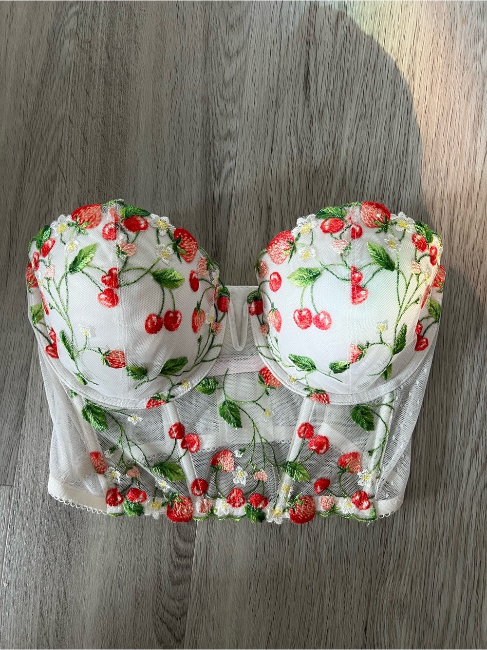 NWT Victoria's Secret White Longline Bra with Red Cherry Embroidery Corset 34DD